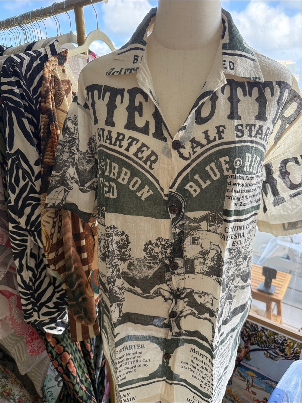 Vintage Cream & Dark Green Graphic Button-Down Camp Shirt